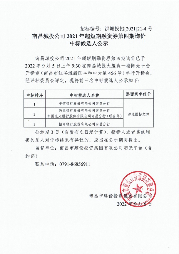 南昌城投公司2021年超短期融资券第四期询价中标候选人公示_w66国际app