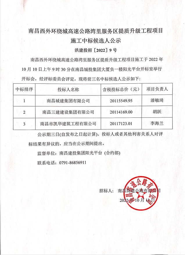 南昌西外围绕城高速公路湾里服务区提质升级工程项目施工中标候选人公示_w66国际app